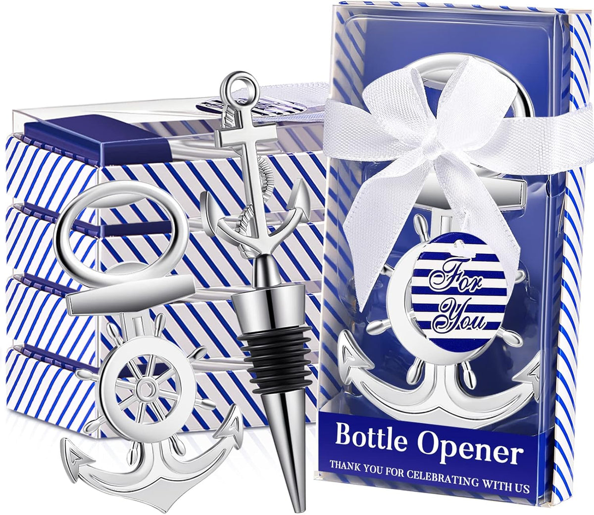 Zhehao 50 Pcs Anchor Bottle Stopper Bottle Opener Wine Bottle Stopper for Beach Nautical Themed Gifts Set Wedding Party Favors Bridal Baby Shower Decorations Holiday Birthday Souvenirs Guests, Silver