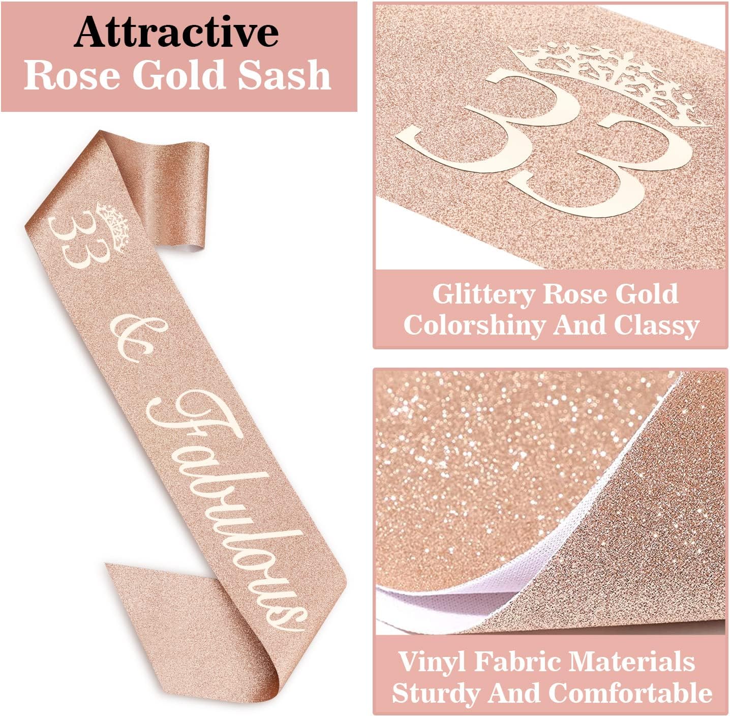 33 Birthday Decorations for Women Including Birthday Sash, Tiara/Crown, Numeral Candles and Cake Topper, 33 Year Old Gifts for Women, Rose Gold Party Decor Supplies