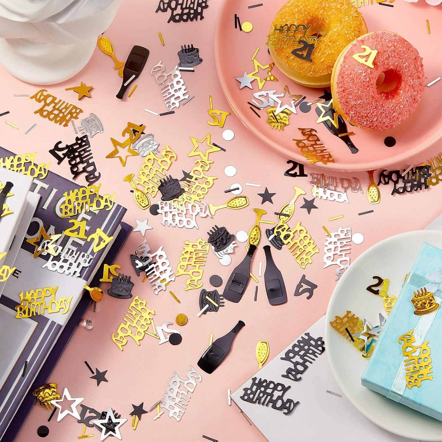 Sumind 3000 Pcs 21st Birthday Metallic Foil Confetti Table Scatter Decorations for Birthday Party DIY Arts and Crafting, Gold, Black and Silver