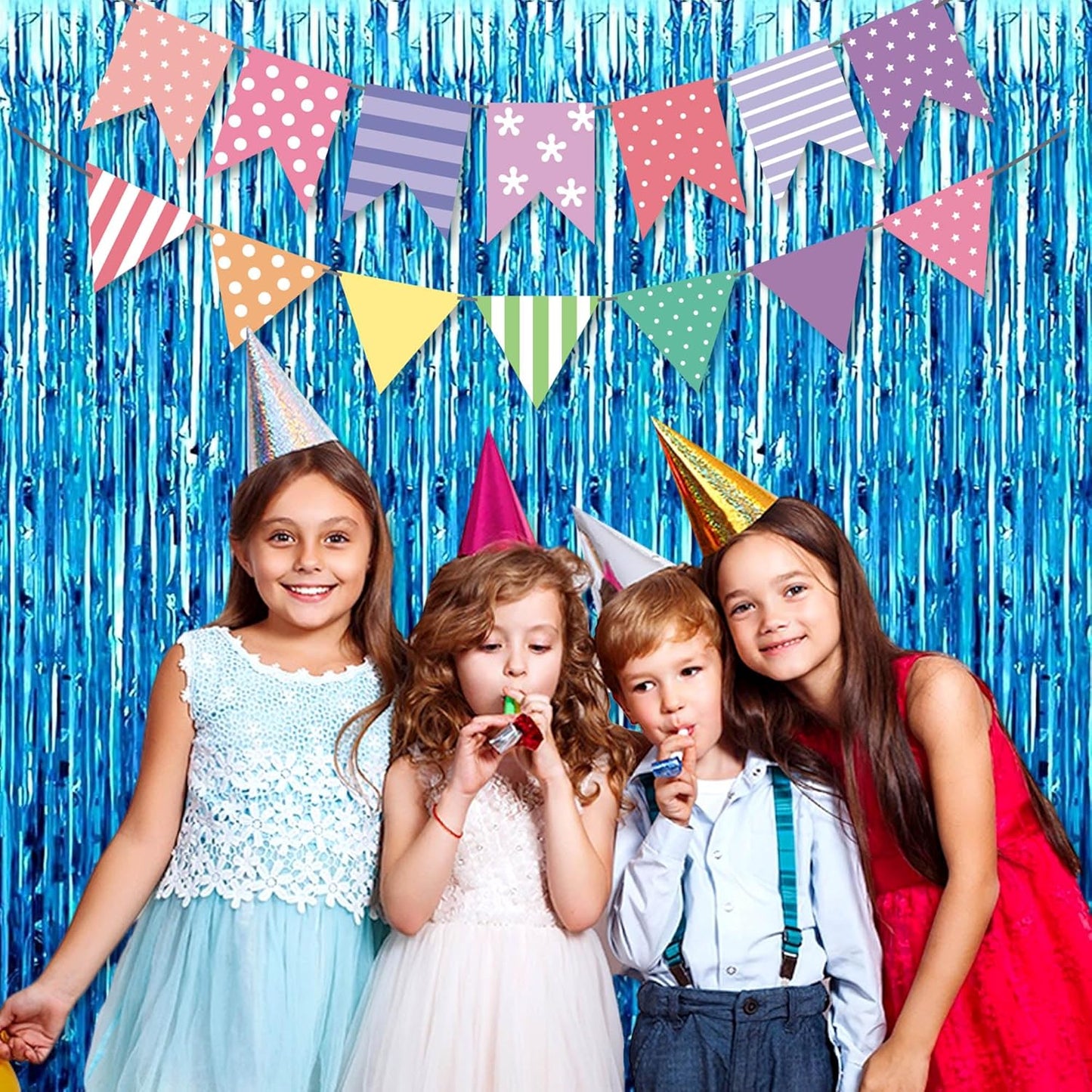 3 Pack Lake Blue Foil Fringe Curtains Backdrop, 3.28 x 9.8 Ft Metallic Streamers Tinsel Curtains Background for Photo Booth, Birthday, Halloween, Christmas, Thanksgiving, New Year Party Decorations