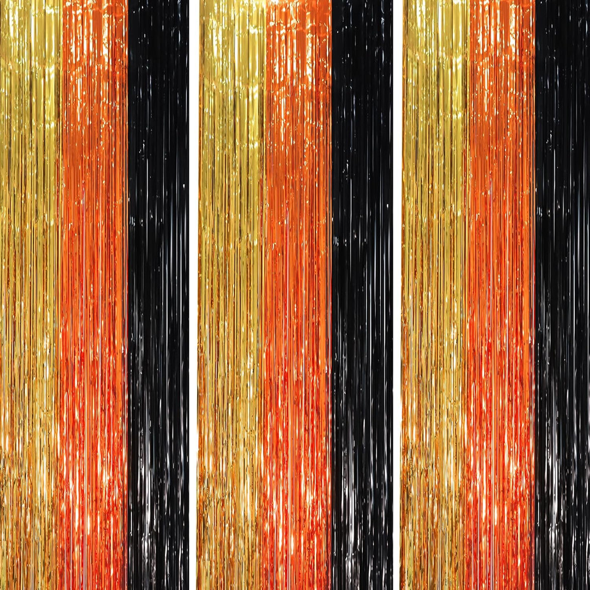 3 Pack 3.3 x 8.2 ft Black Gold Orange Foil Fringe Backdrop Curtains, Tinsel Streamers Party Decorations, Fringe Backdrop, Door Shimmer for Construction or Birthday Party