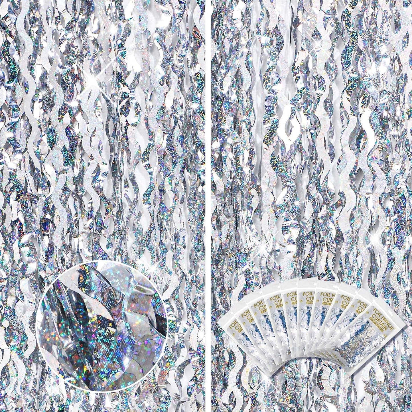 10 Pieces 3.3 x 6.6 Ft Foil Fringe Backdrop Party Wavy Tinsel Fringe Curtain Streamer for Happy New Year Carnival Party Favor 80s 90s Disco Ocean Sea Mermaid Birthday Wedding(Silver)
