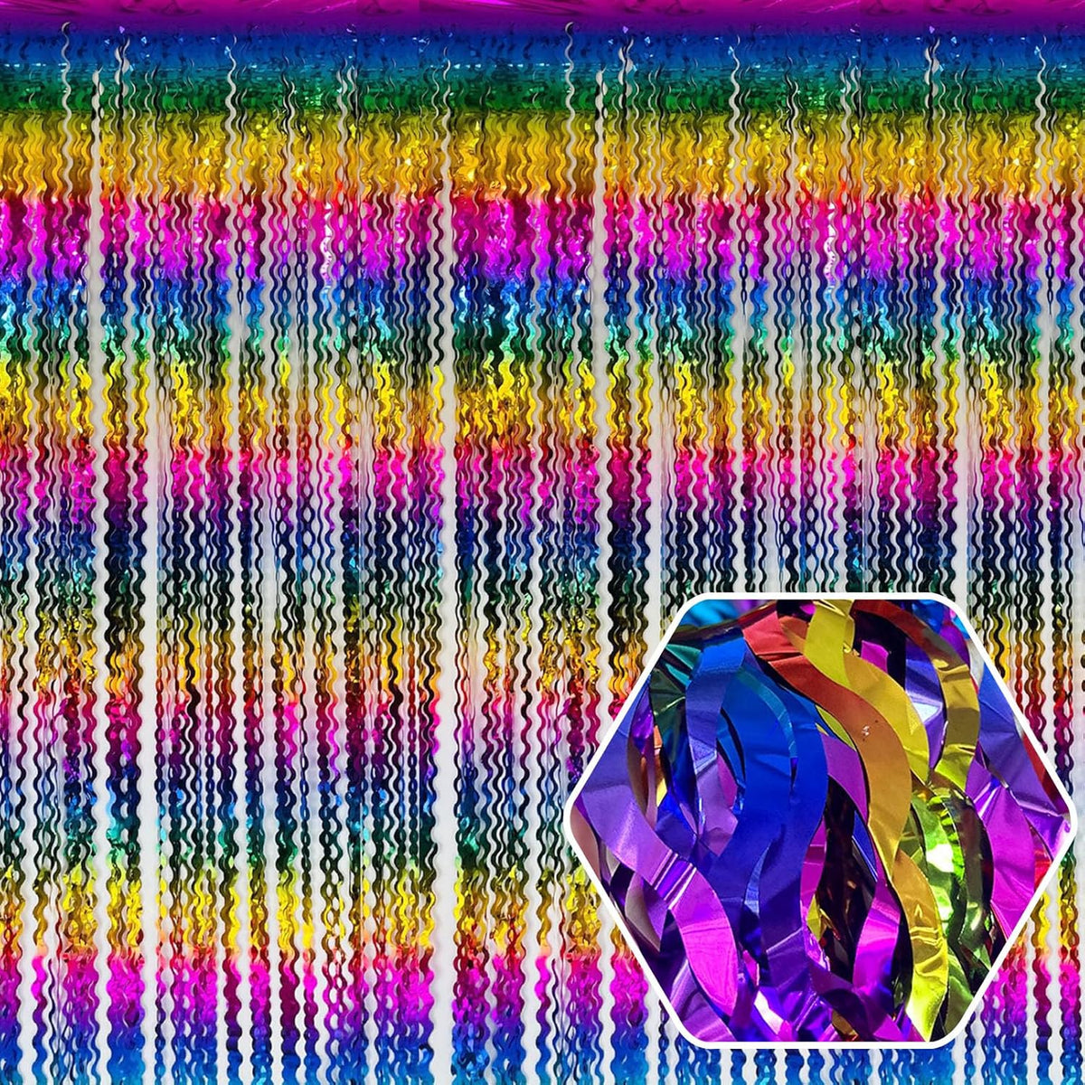 4 Pack Rainbow Wave Foil Fringe Curtain Backdrop, 3.28Ft x 8.2Ft Metallic Tinsel Foil Fringe Streamer Curtains for Photo Booth, Mother's Day, Easter, Birthday, Wedding Party Decoration