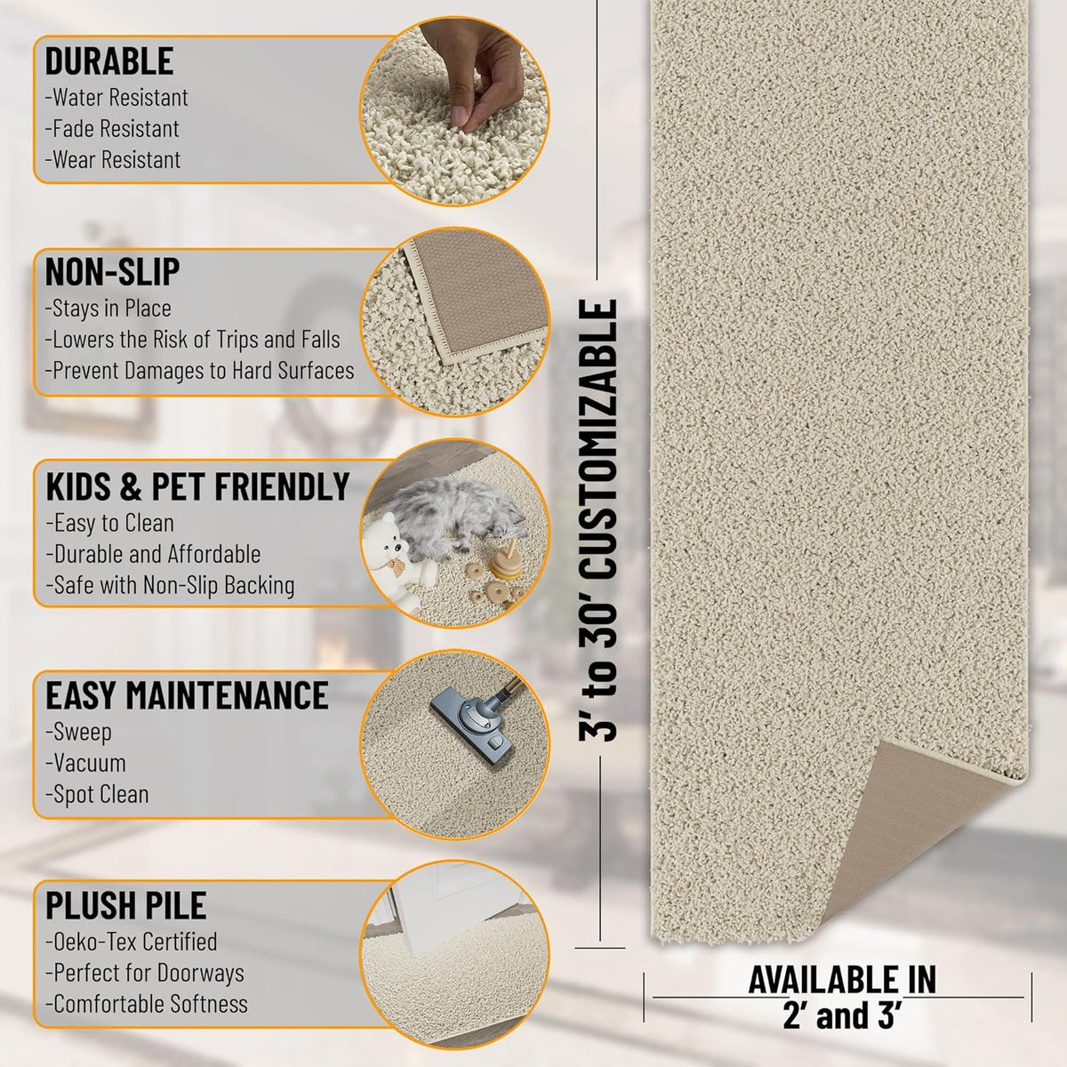 Ottomanson 3' x 20' Shaggy Runner Rug - Plush & Cozy Non-Slip Carpet for Bedroom, Living Room, Bathroom & Entryway - Durable & High-Traffic Friendly for Hallways & Dorms, Cream