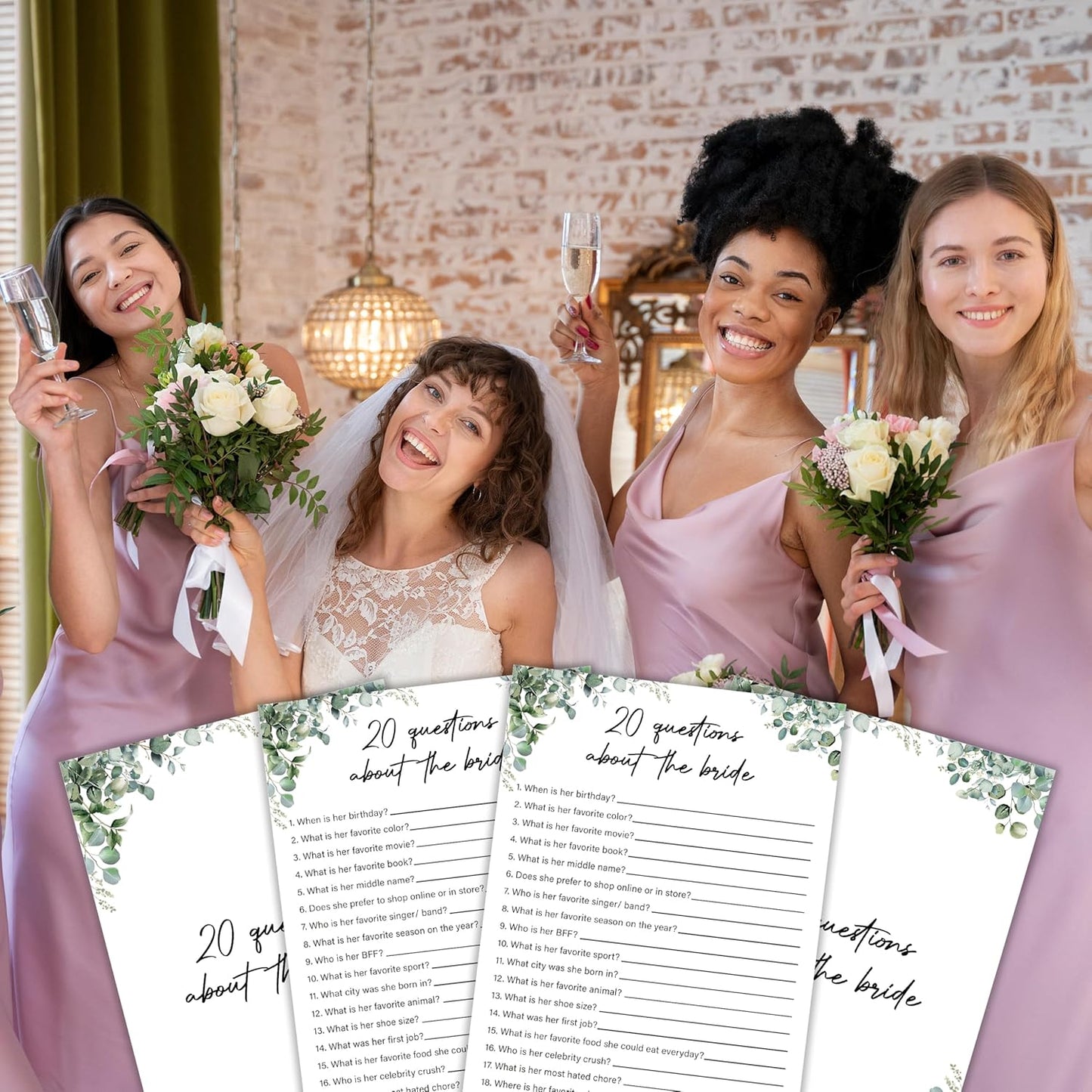 Eucalyptus Bridal Shower Game Cards - 20 Questions About The Bride, Wedding Engagement Bachelorette Party Bridal Shower Games for 30 Guests, Double Sided Cards Set of 30, Activity Supplies & Favor/A14