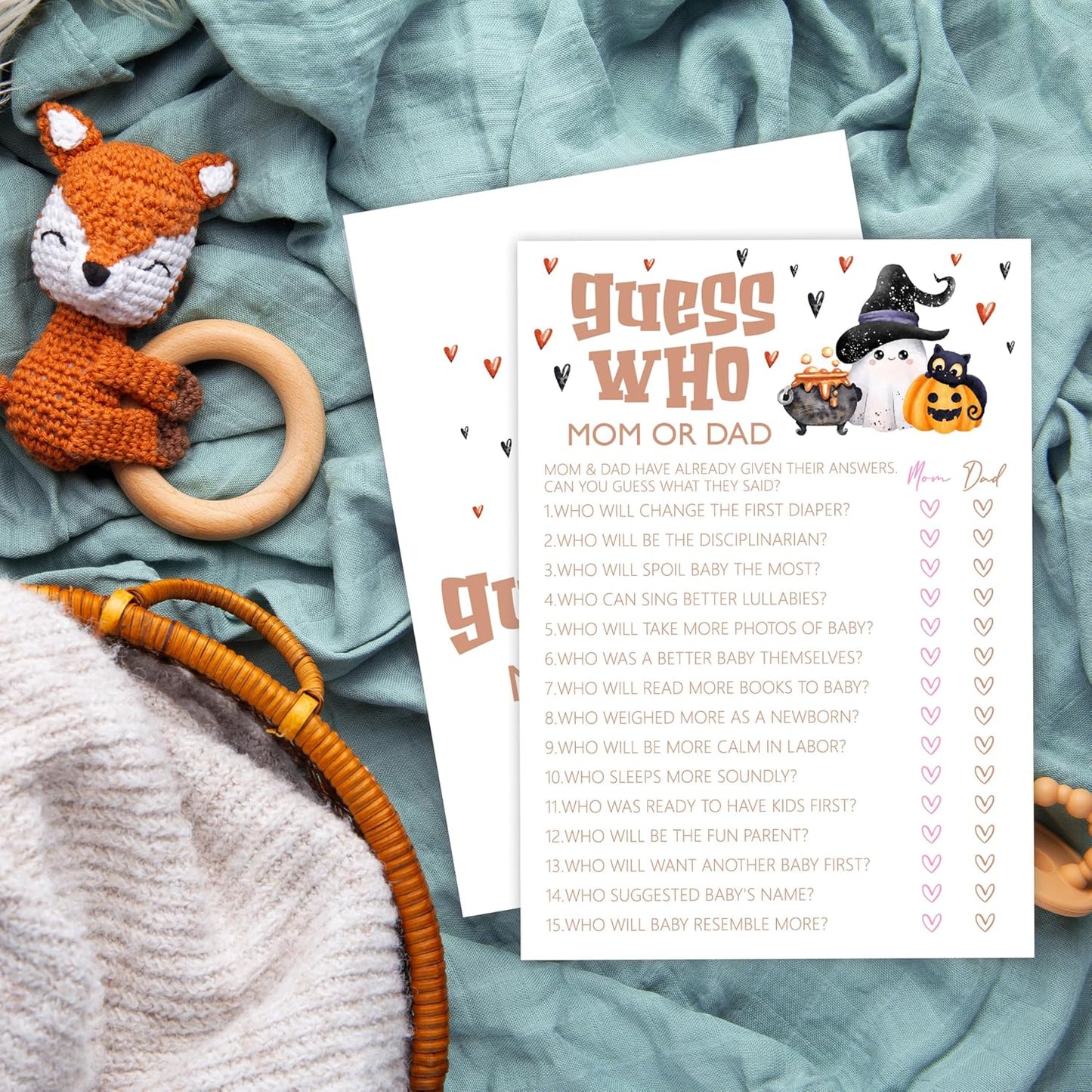 Baby Shower Games, Halloween Guess Who Mom or Dad, 25 Double-Sided Game Cards for Gender Reveal Party Decorations Supplies Announcement - B01