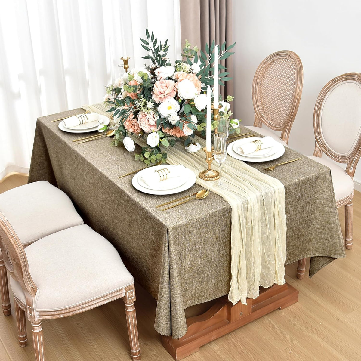 Fitable Faux Linen Tablecloths for Rectangle Tables: Water & Stain Resistant Farmhouse Table Cloth, Washable Burlap Textured Table Covers for Kitchen Dining Party(2 Pack, 60x102 Inch, Khaki)