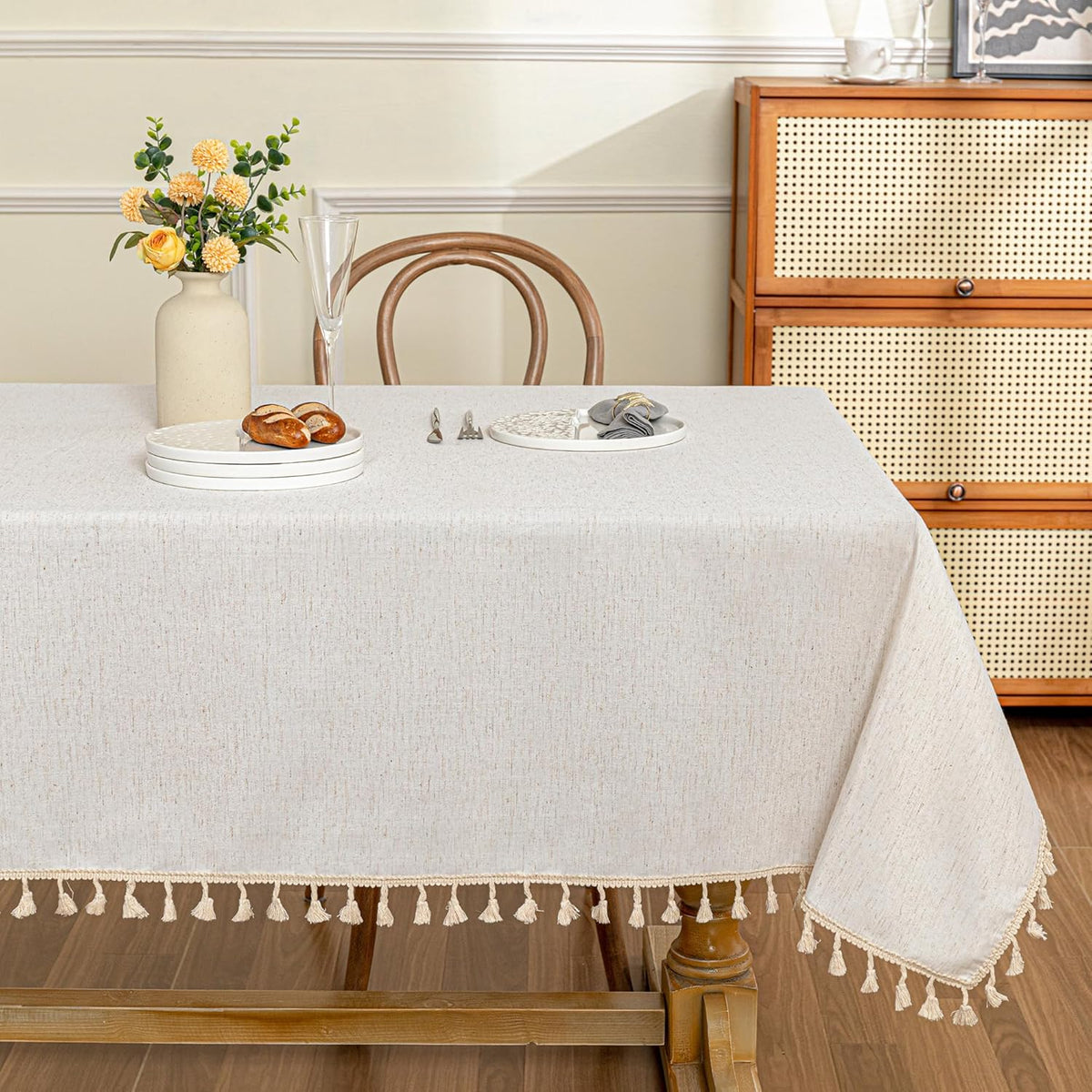 MYSKY HOME Table Cloth 60x102 in Rectangle, Cotton Tassel Linen Look Waterproof, Wrinkle Free Table Cover with Beige Tassels for Kitchen Dining, Party