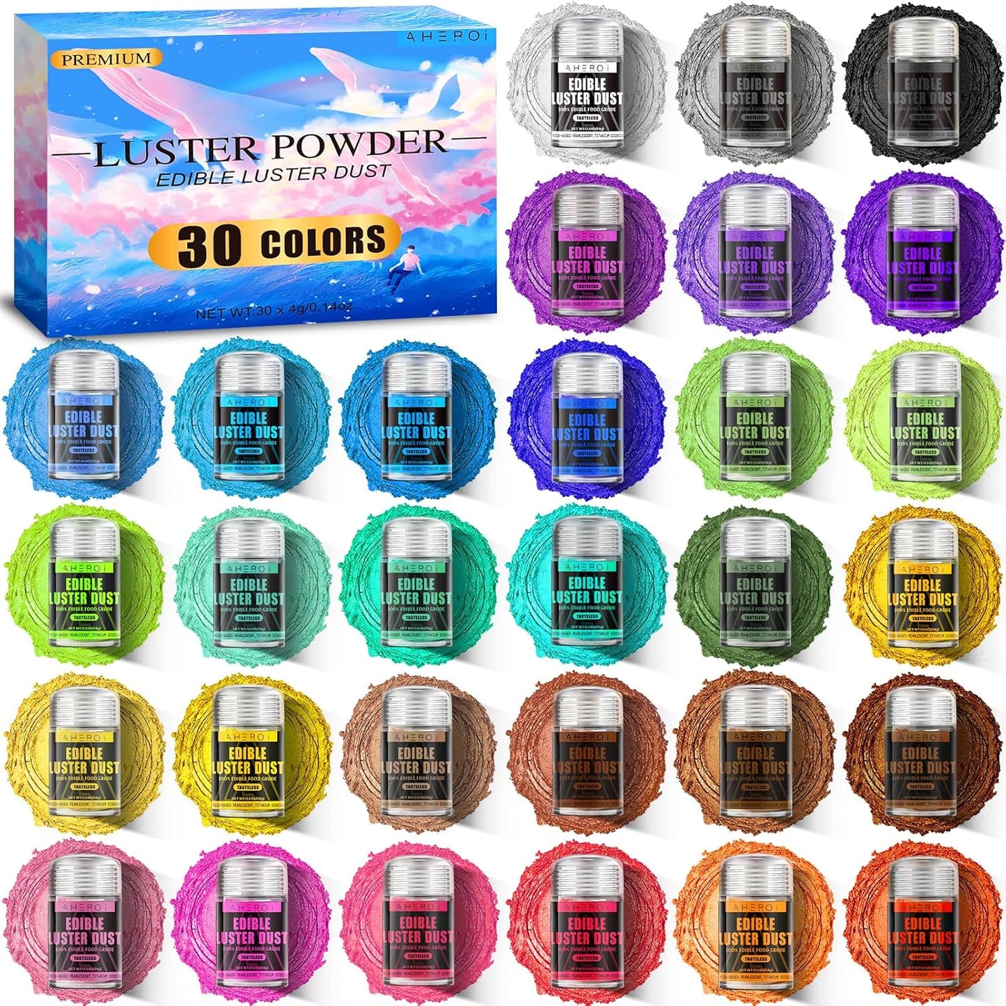 Aheroi Edible Glitter, 30 Colors Luster Dust Edible Glitter Pack for Drinks, Food Glitter Edible Shimmer Dust Powder, Edible Dust for Cocktail Chocolate Fondant Cake Decorating（4g/0.14oz）
