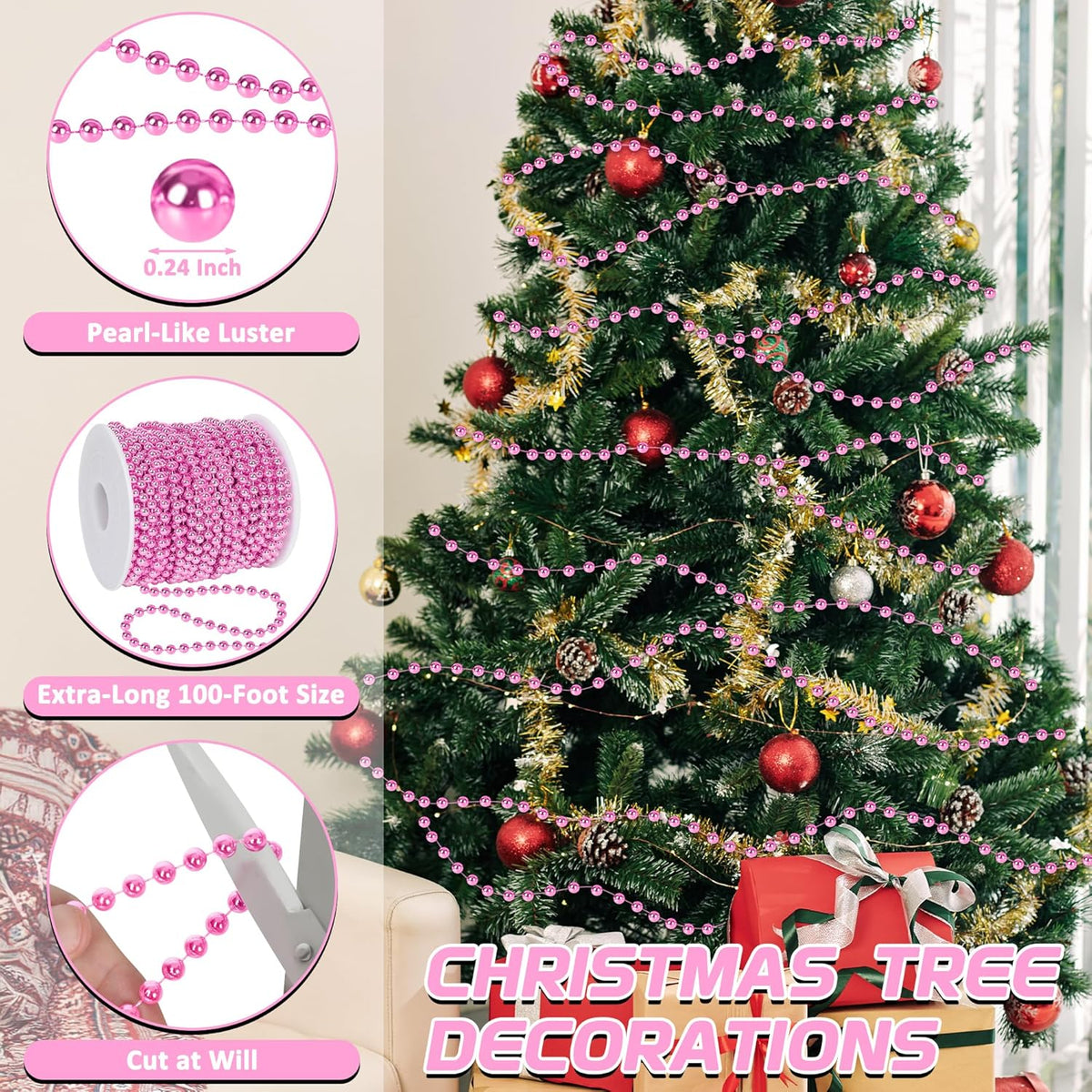 100 FT Pink Christmas Tree Beads Garland, Plastic Xmas Tree Beads Trim Chain Roll for Home, DIY Fireplace Holiday Decor Hanging Ornaments