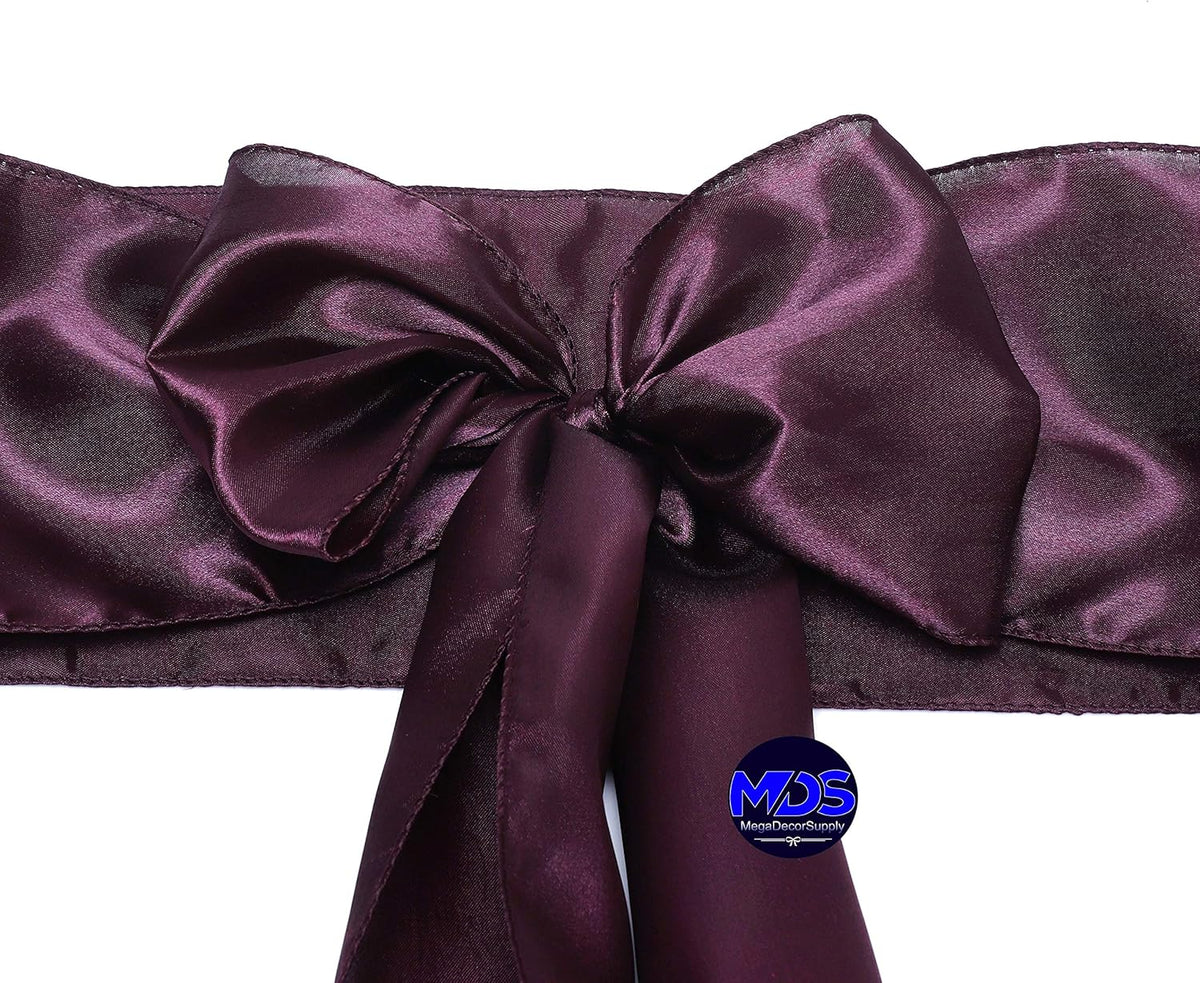 MDS Pack of 10 PCS Satin Chair Sashes Charmeuse Sateen Dining Chair Bows Ribbon Ties Back Sash for Wedding Party Birthday Home Hotel Restaurant Banquet Decoration (7 x 108 Inch, Plum)
