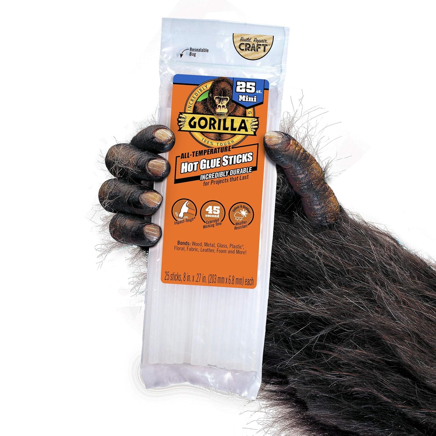 Gorilla Hot Glue Sticks, Clear Glue, Mini Size 8" Long x 0.27" Diameter, 25 Count (Pack of 1) - Safe for All Temperatures with Extended Working Time