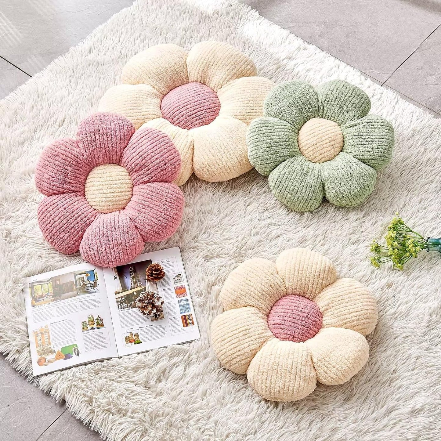 Flower Throw Pillow, Soft Sage Green 17.7" Shaped Floor Pillow for Home Decor, Cute Aesthetic Plush Decorative Pillows for Bed, Sofa, Couch