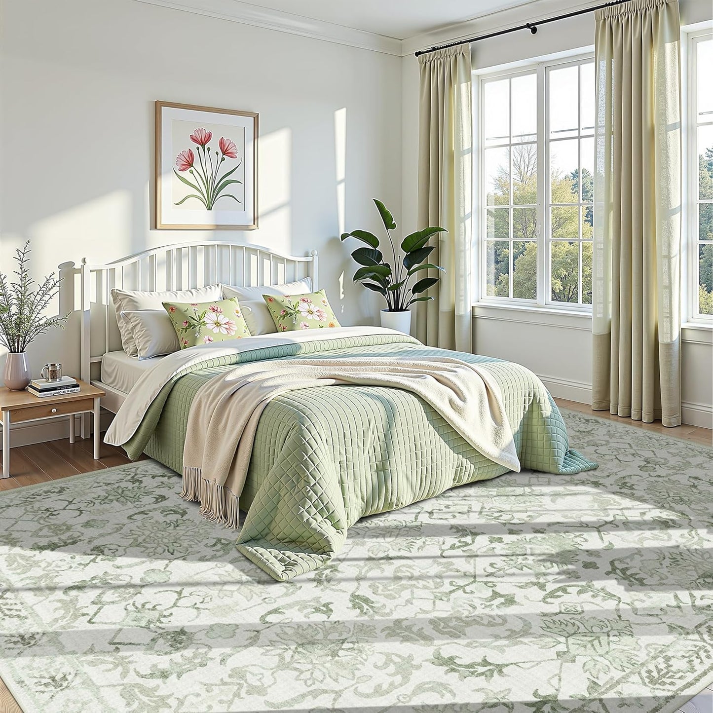 Sage Extra Large Area Rug 10x14 for Living Room, Distressed Washable Rug for Dining Room Bedroom, Anti-Slip Low-Pile and Soft Accent Rug Farmhouse Office Home Decor Light Green