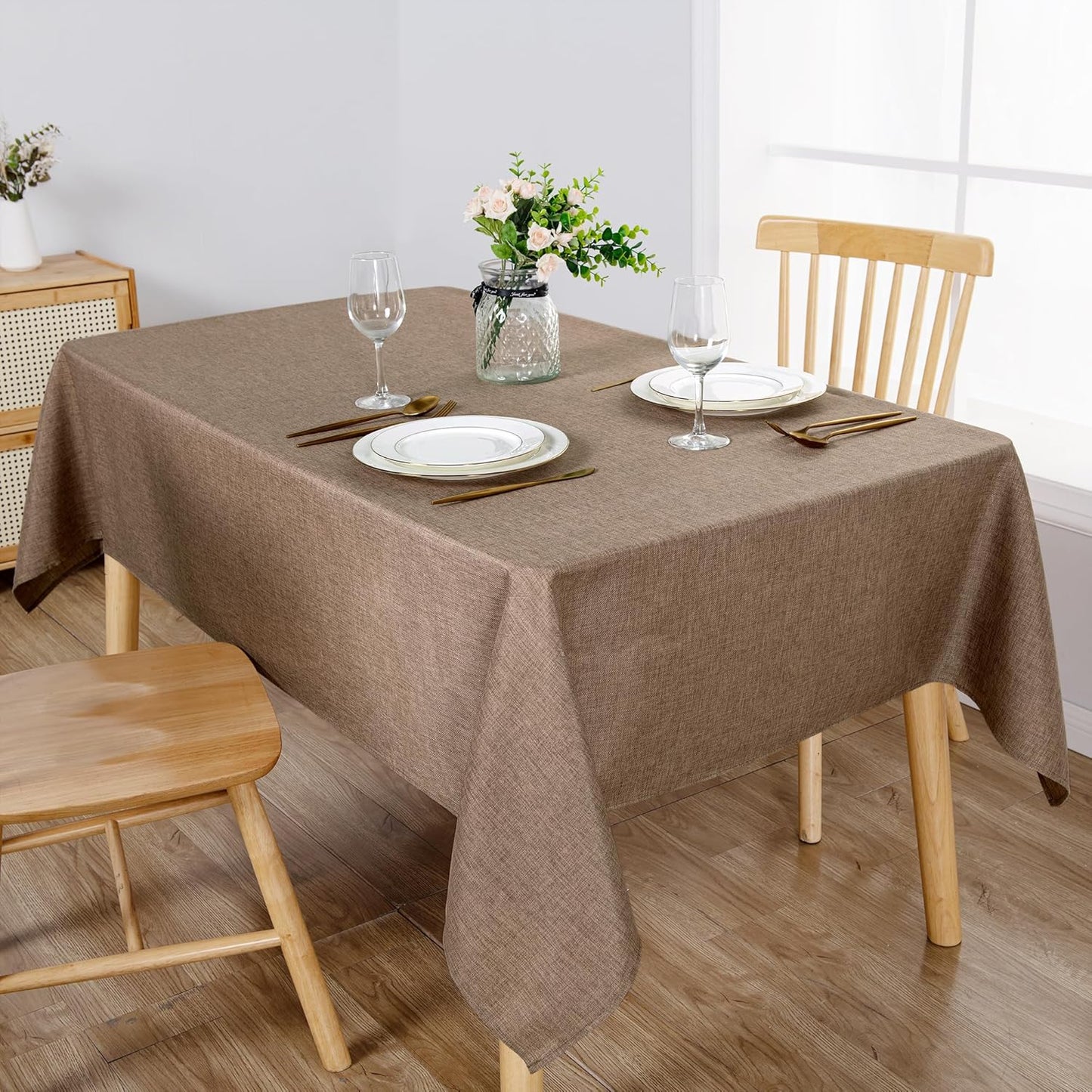 Hiasan 2 Pack Faux Linen Rectangle Tablecloth - Wrinkle and Stain Resistant Washable Table Cloth for Kitchen Dining Room Holiday Table Cover for Party Dinner, Khaki, 54 x 120 Inch