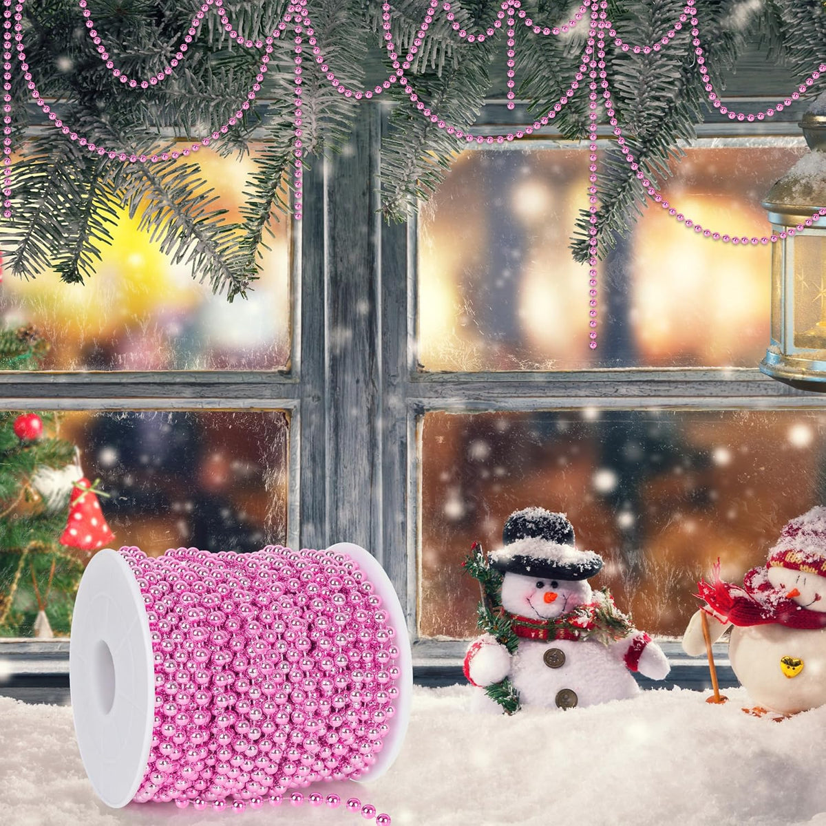 100 FT Pink Christmas Tree Beads Garland, Plastic Xmas Tree Beads Trim Chain Roll for Home, DIY Fireplace Holiday Decor Hanging Ornaments