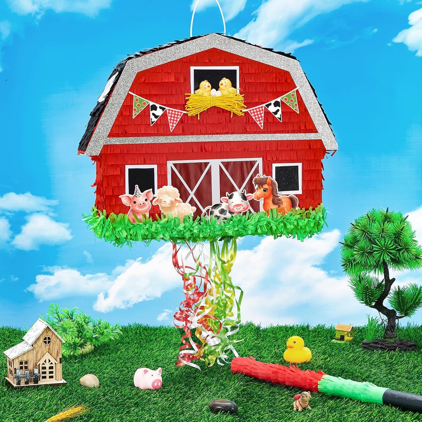 WERNNSAI Red Farm Animal Piñata - Farm Baby Shower Decorations Animal Pinata Party Game for Kids Birthday Celebrations Milk Farm Party Favor Supply with Bat Blindfold