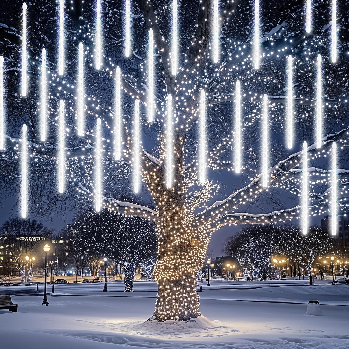 Dazzle Bright 864 LED Christmas Light, Meteor Shower Rain Lights 11.8 Inch 24 Tubes, Waterproof Plug in Falling Rain Lights Christmas Decorations for Xmas Bushes Tree Yard Party (White)