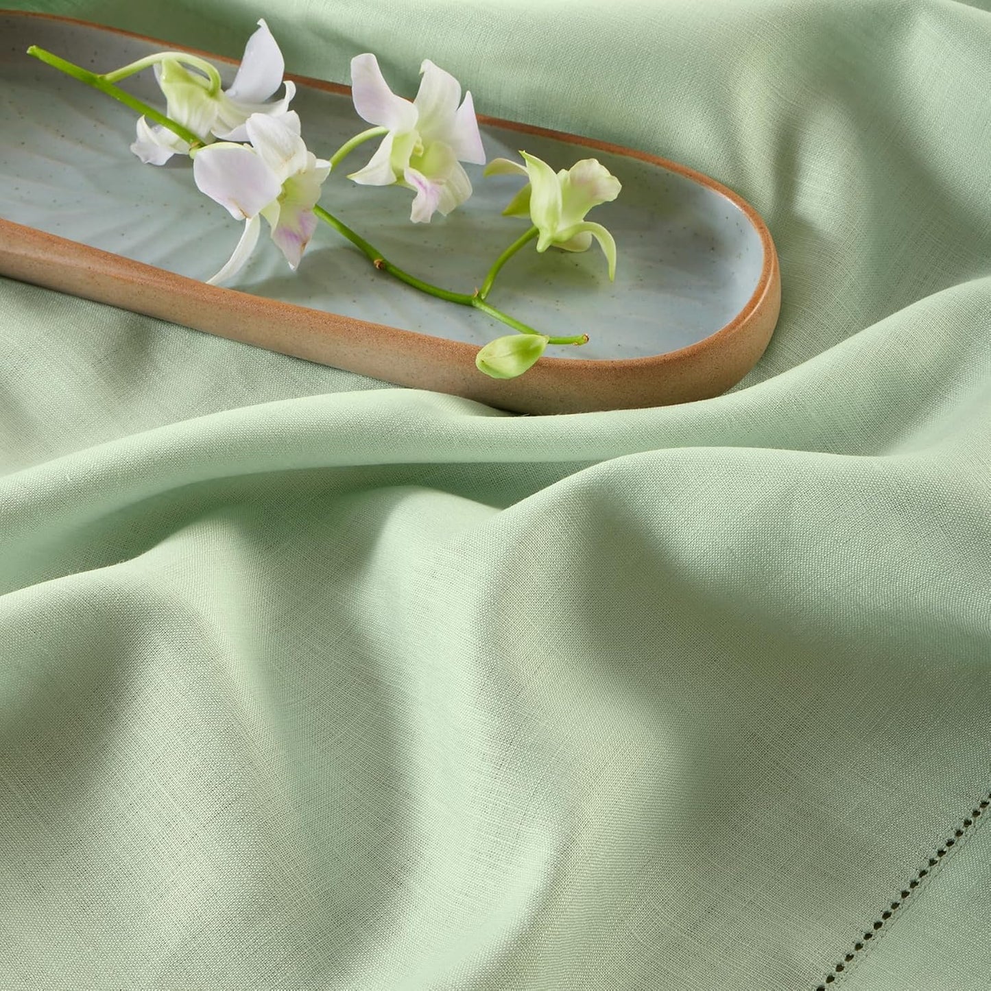 Solino Home Linen Tablecloth for Rectangle Tables 60 x 120 Inch - Classic Hemstitch 100% Pure Linen Light Green Table Cloth - Machine Washable Cloth Tablecloth