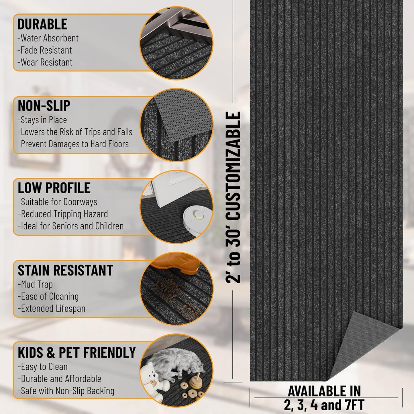 Ottomanson 2'7" x 29' Hallway Runner with Scraper Pile - Extra Durable Non-Slip Rug Mat for Indoor & Outdoor Use - Ideal for Kitchen, Entryway & Garage - High-Traffic Carpet, Black