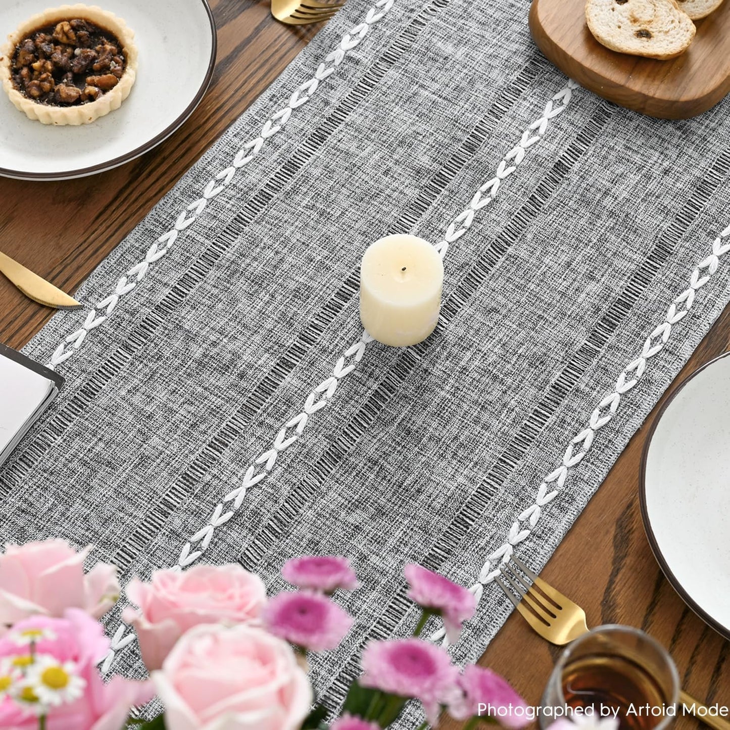 Artoid Mode Dark Grey Rustic Cotton Linen Table Runner, Seasonal Embroidered Hollow Kitchen Dining Table Decoration for Home Party Decor 13x72 Inch
