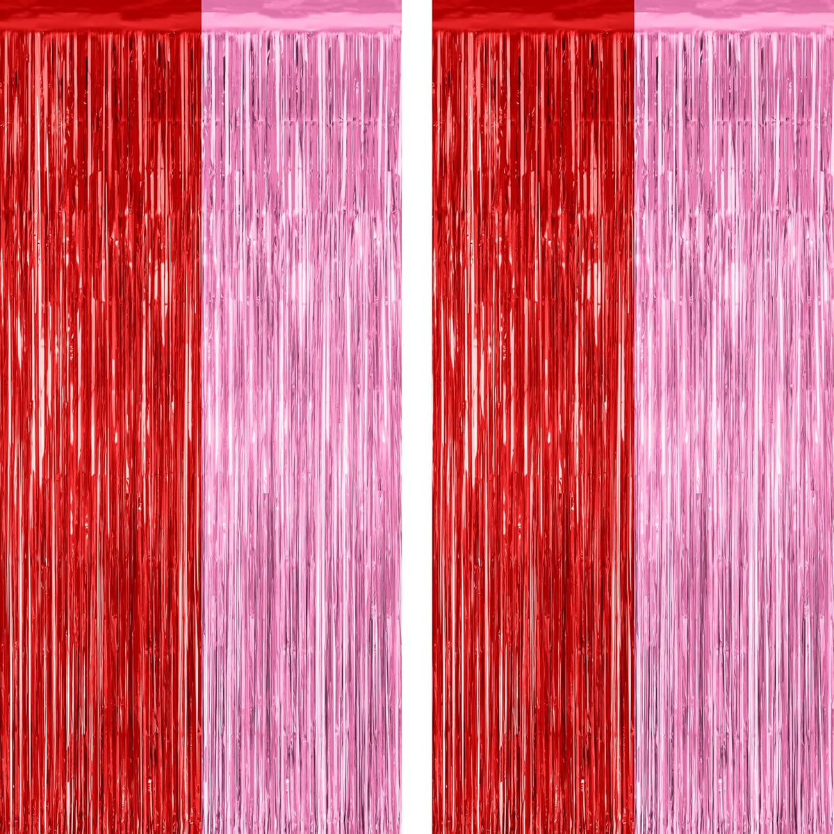 2 Pack Backdrop Curtains, 3.28 Feet x 7.05 Feet Red Pink Backdrop, Metallic Fringe Curtains Tinsel Backdrop Party Streamer, Babie Backdrop Happy Birthday Party Supplies Decorations