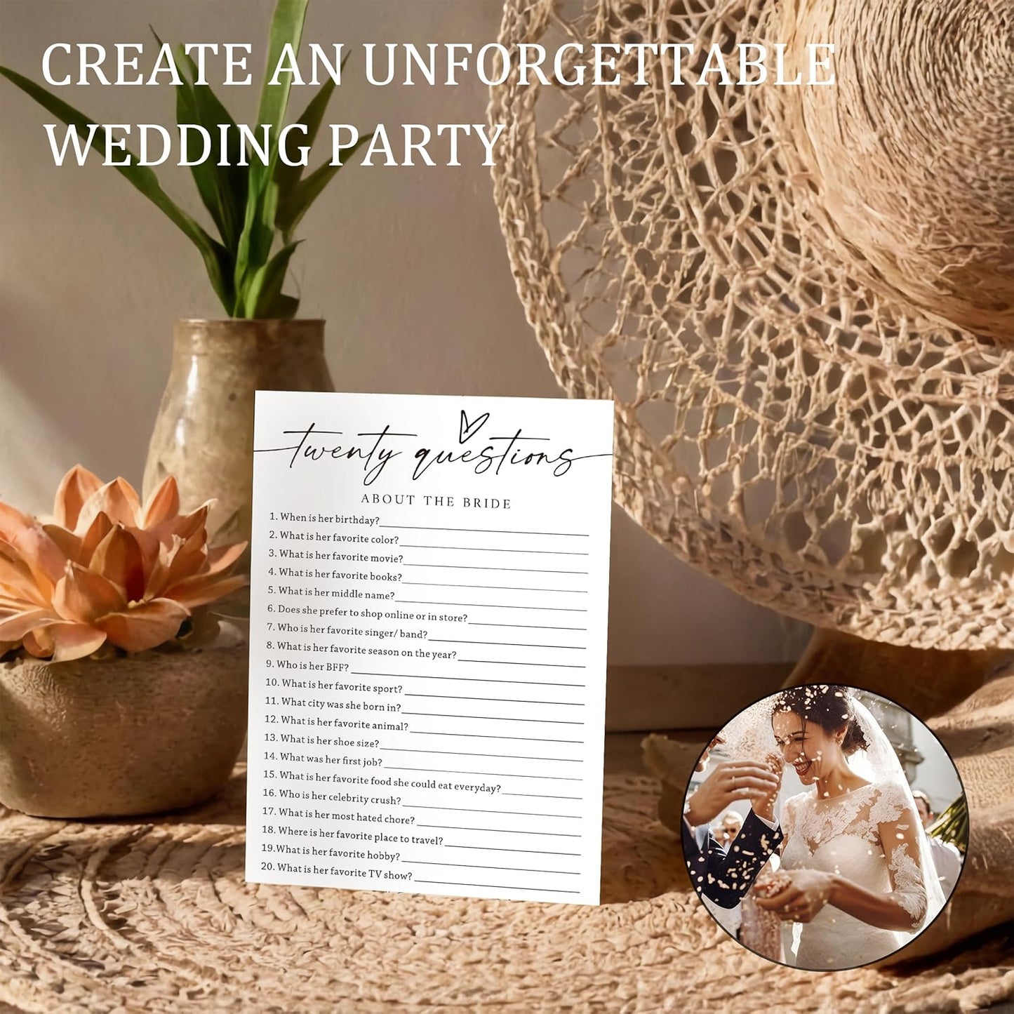 Fun Wedding Shower Games Cards, Twenty Questions About The Bride, Bridal Party Game and Favors for 25 Guests, Bridal Shower Decorations, Minimalist White Wedding Party Supplies - A07