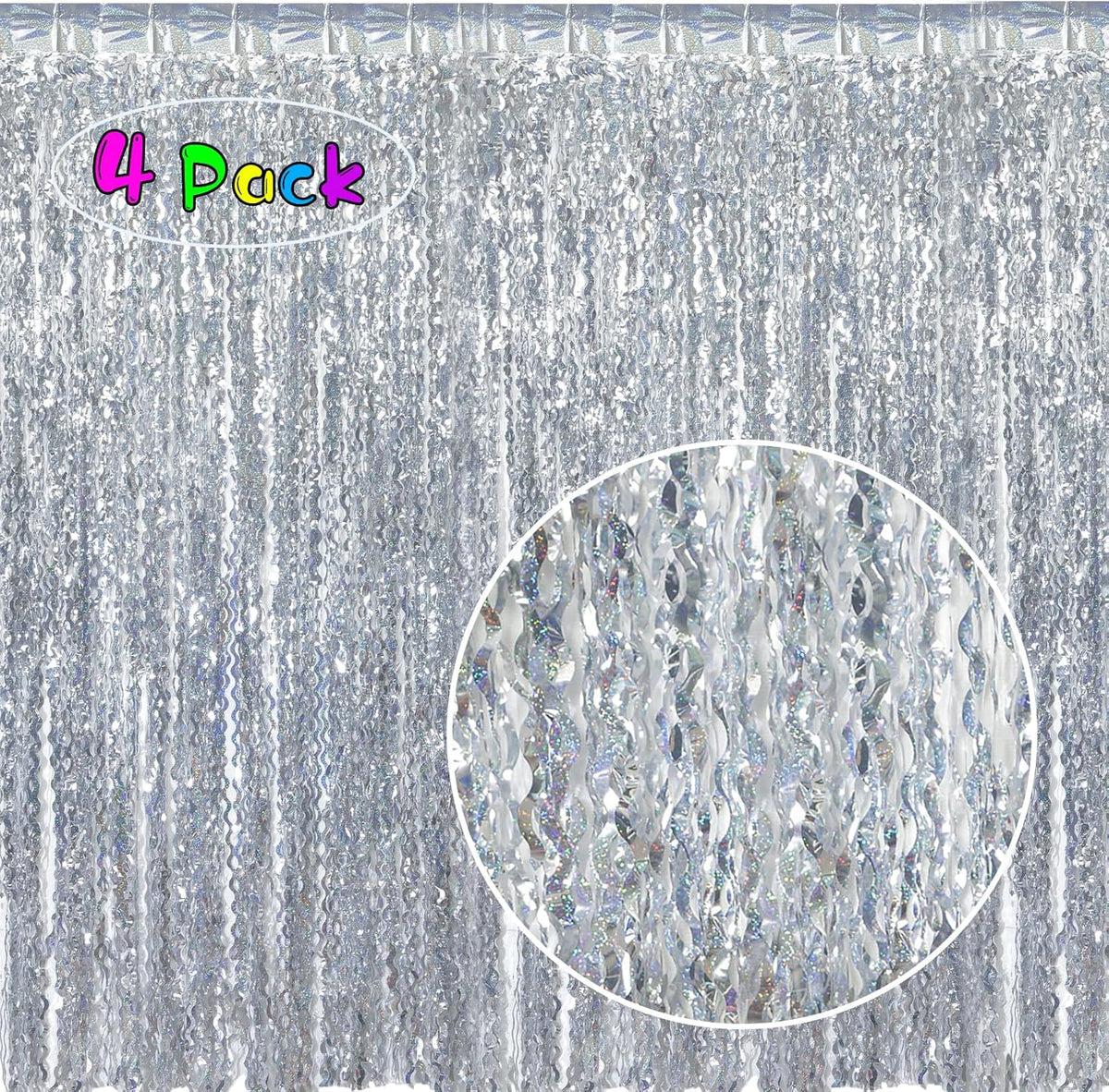 4 Pack 3.3 ft x 6.6 ft Silver Metallic Tinsel Foil Fringe Curtains - Door Streamers for Photo Booth Christmas Day Thanksgiving Wedding New Year Party Decorations