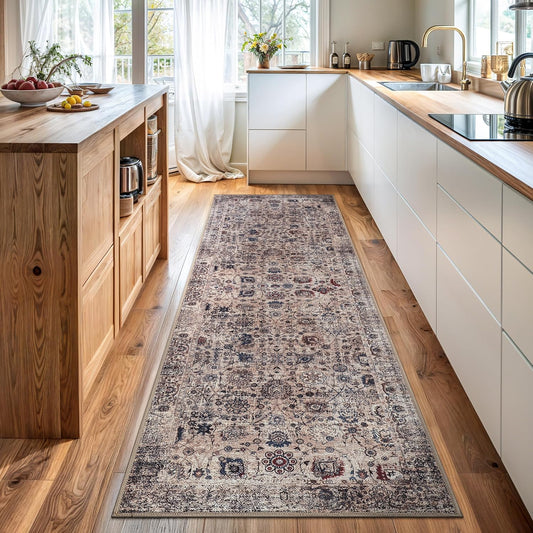 Bloom Rugs Washable Non-Slip 7 ft Runner - Light Tan/Blue Traditional Oriental Runner for Entryway, Hallway, Bathroom, and Kitchen - Exact Size: 2.5' x 7'