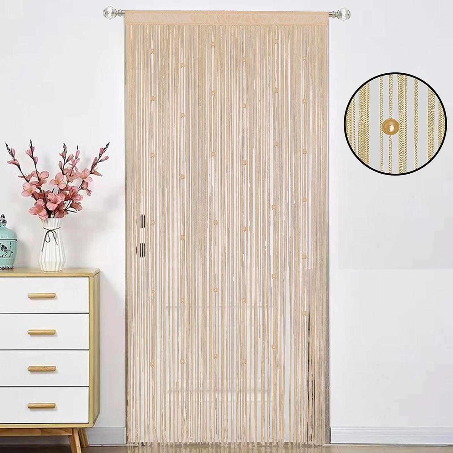Beaded Curtain Beads Door String Curtains Ideal for Living Room Decor Wall Hanging Fringe Doorway Divider Bedroom Backdrop Hippie Window Closet Privacy Rod Pocket Dense (100x200cm,Beige)