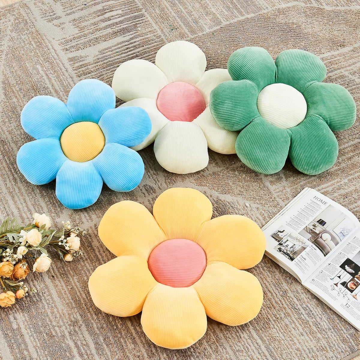 Yellow Flower Pillow, 14.9" Cute Flower Shaped Floor Pillow, Aesthetic Floral Plush Daisy Decorative Throw Pillows for Bed Sofa Couch