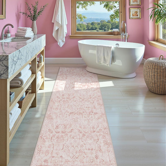 Pink 3x7 Runner Rug for Hallways Bed Side Kitchen, Boho Washable Distressed Low-Pile Floor Entryway Long Bathroom Mat, Non-Slip Laundry Room Washstand Front Carpet Green 36x84 Inch