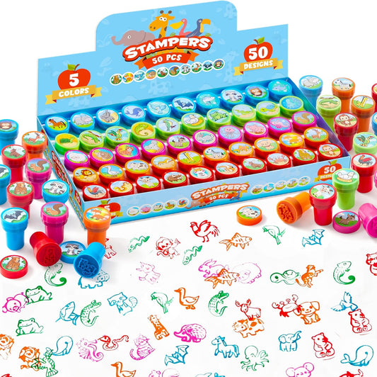 JOYIN 50 Pcs Animal Stamps for Kids, with 50 Different Designs, Farm,Sea Animals,Stamps for Crafting, Prize Box Toys for Classroom, Kids Party Favor, Goodie Bag, Halloween, Christmas