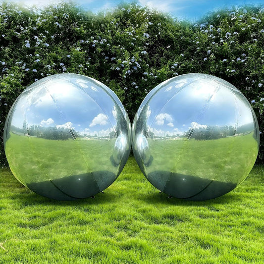 2PCS 23.6in Silver Inflatable Mirror Ball, Big Shinny Balls Reusable Large PVC Disco Ball Balloon for Large Event Decoration, Party, Concerts, Stage, Wedding Decor, Without Air Pump
