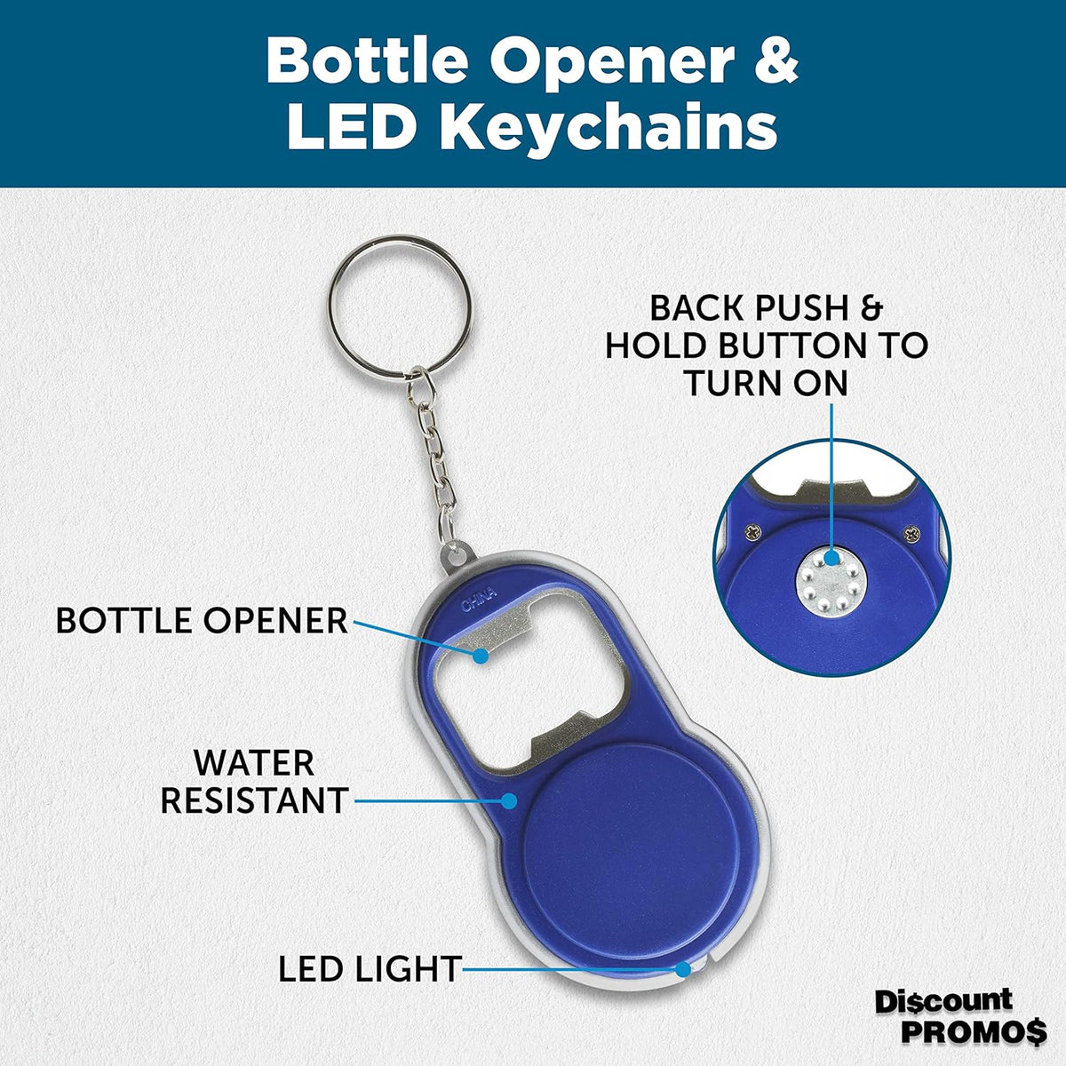 Bottle Opener & LED Keychains Set of 10, Bulk Pack - Perfect for Tradeshows, Party Favors, Other Events - Blue