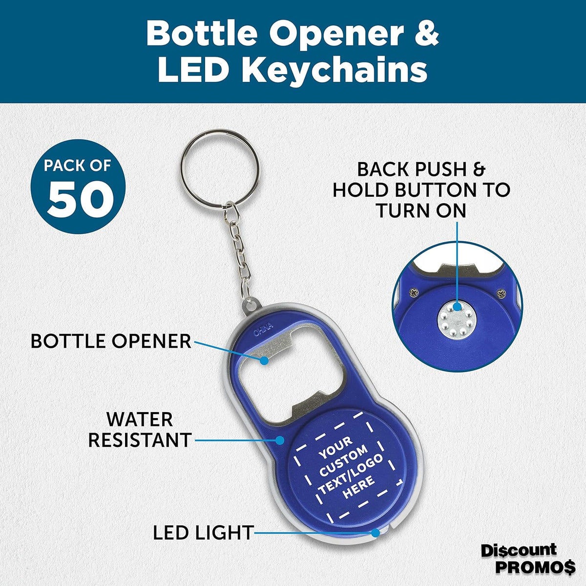 DISCOUNT PROMOS Custom Bottle Opener & LED Keychains Set of 50, Personalized Bulk Pack - Perfect for Tradeshows, Party Favors, Other Events - Blue