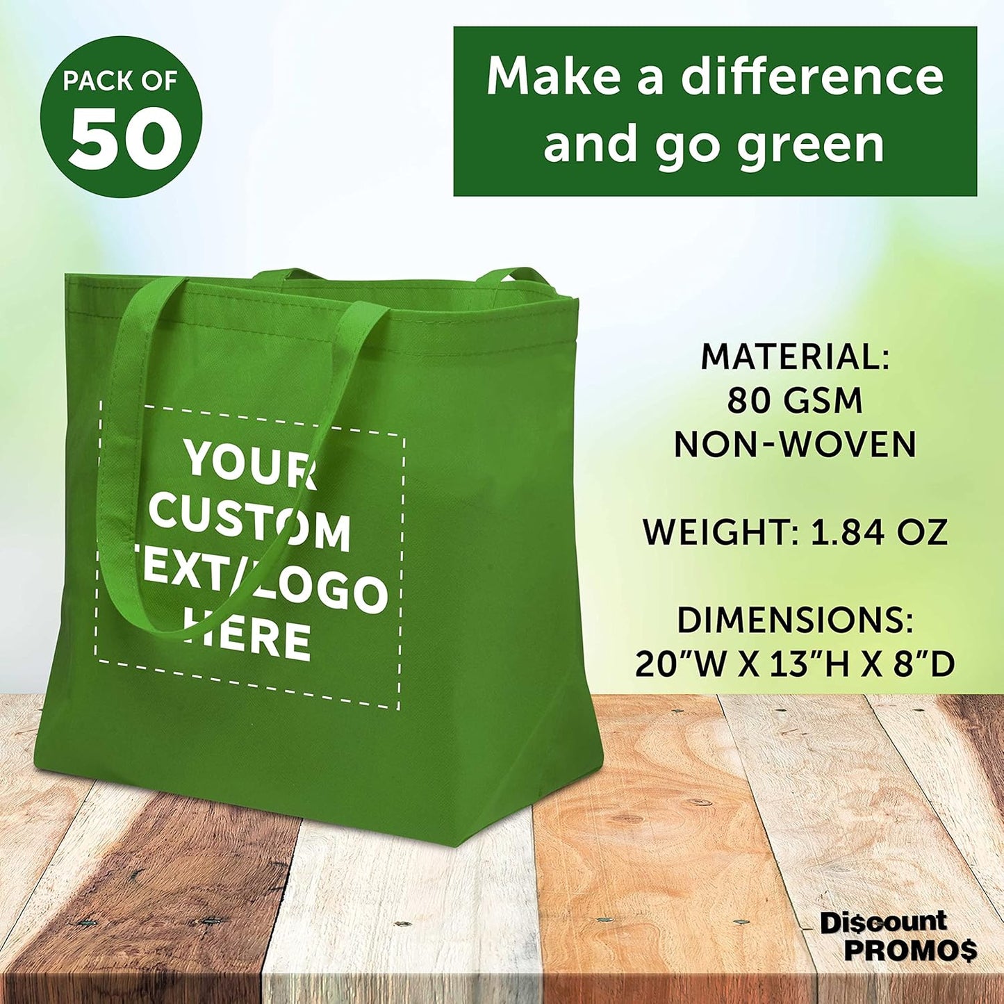 DISCOUNT PROMOS Custom Southern Style Grocery Tote Bags Set of 50 - Personalized Bulk Pack, Reusable Grocery & Shopping Bags - Great for Travel, Business Promotions - Lime Green - 20"X13"X8"