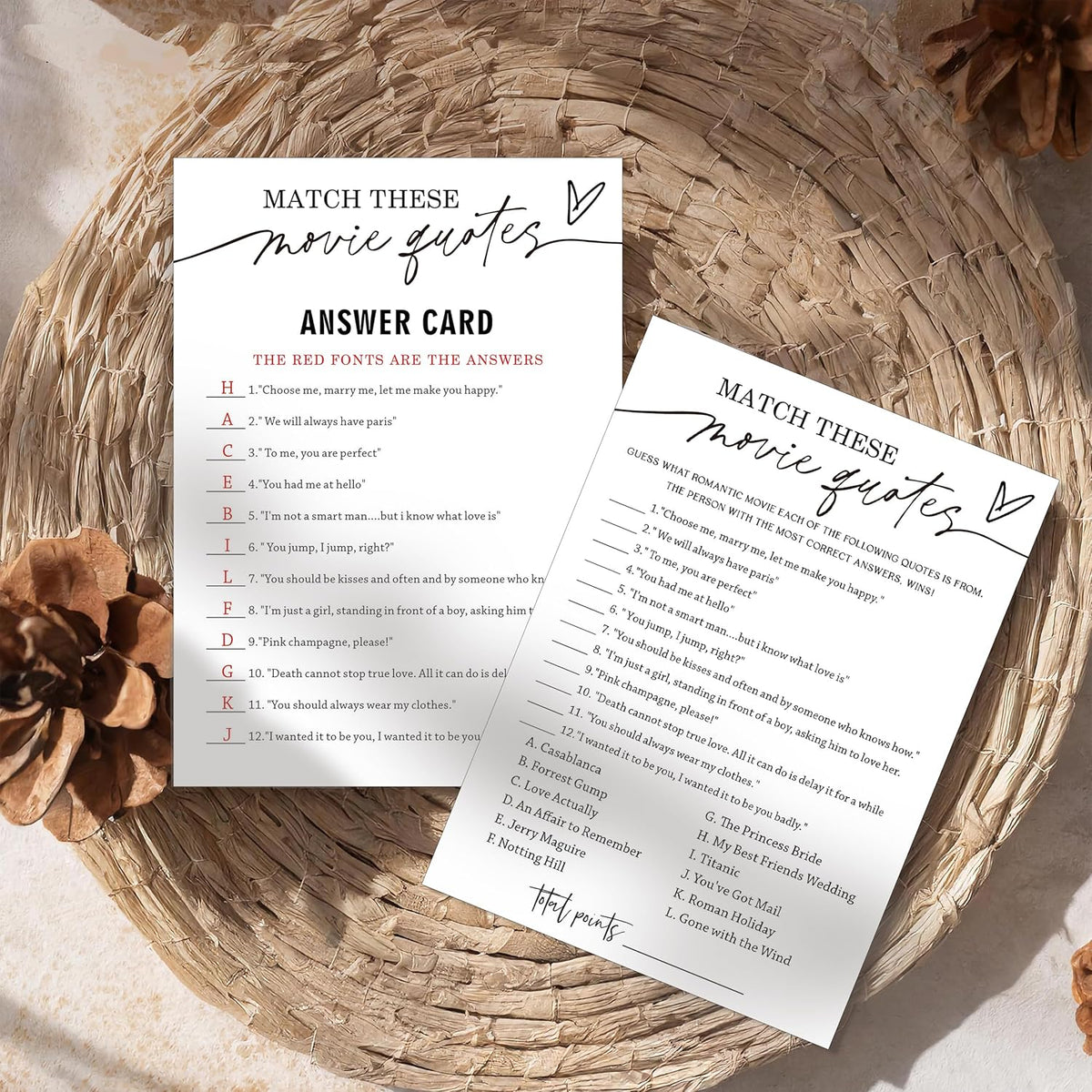 Fun Bridal Shower Games Set 25 Wedding Games Cards with 1 Answer Card Match Movie Quotes for Minimalist White Newlywed Party Entertainment Supplies - A02