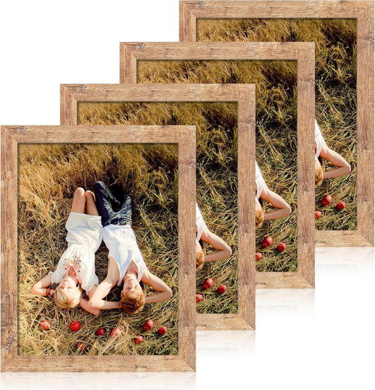 8.5x11 Picture Frame Set of 4, High Definition Real Glass Rustic Brown Frame, Wood Photo Frames 8.5 by 11 Diploma Document for Wall Hanging and Tabletop Display