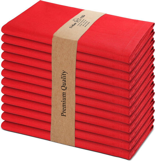 Urban Villa Cloth Napkins 100% Cotton Slub Absorbent Dinner Napkins (Set of 12) Oversized 20x20 Inches Solid Red Color Soft Durable Reusable Washable Ideal for Everyday Use Wedding Parties