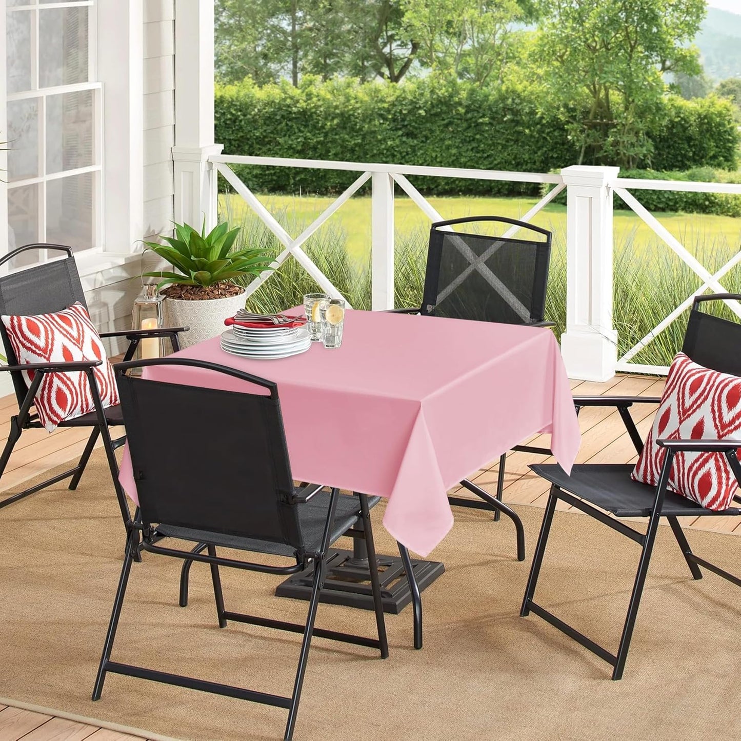 sancua Square Tablecloths 85x85 Inch - Pink Fabric Table Cloth for Square or Round Tables, Washable Polyester Table Cover for Outdoor Party, Birthday, Buffet, Resturant