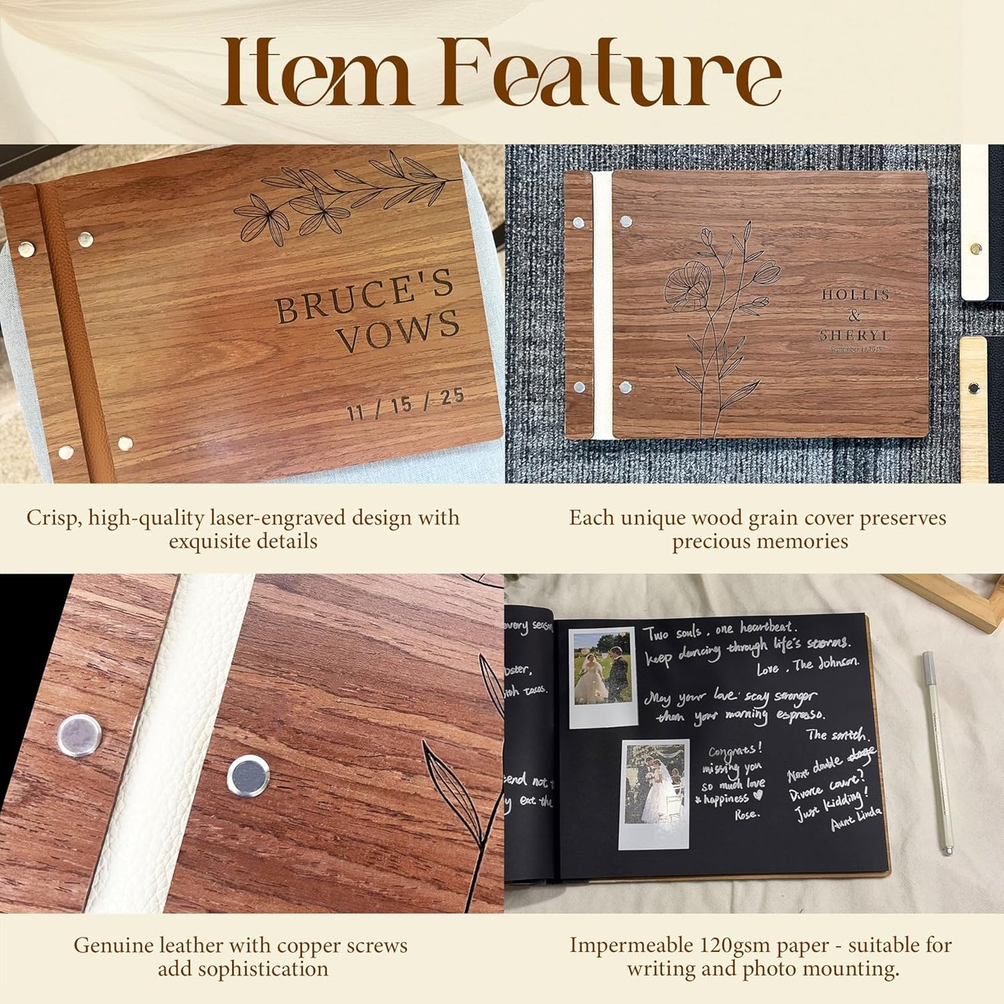 Personalized Wooden Wedding Guest Book, Custom Reception Sign Wooden Guestbook, Wedding Anniversary Birthday Decoration Supplies, Ideal for Photo Wedding Album, Photobooth Guestbook (Dark Walnut)