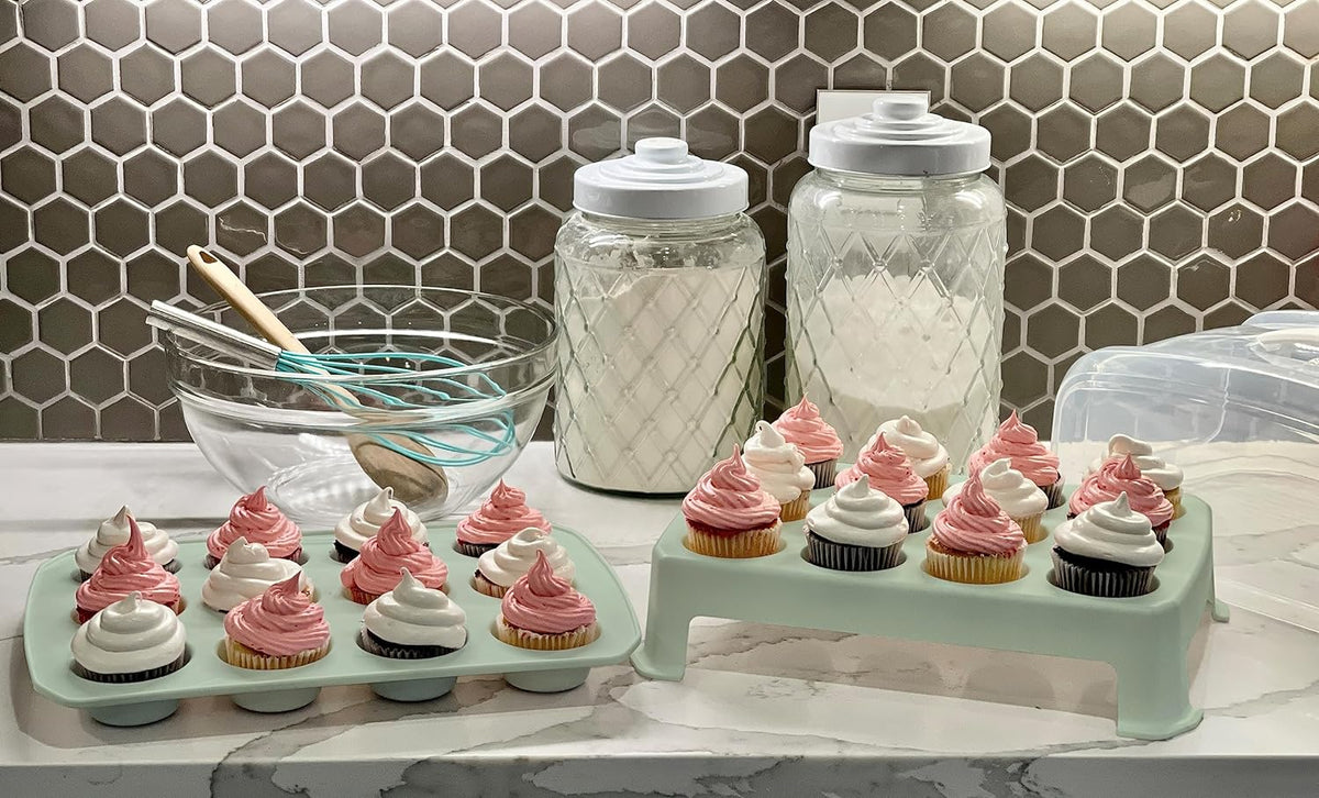 Cupcake Carrier, EXTRA TALL LID, Green Cupcake Holder Carries 24 Standard-Size Cupcakes, Muffin Traveler Two Tier Stand Reusable Cupcake Box