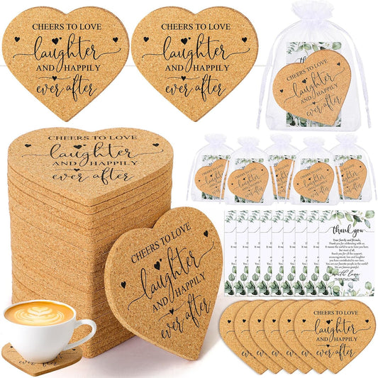 Uiifan 100 Set Wedding Favors for Guest Coaster Gifts Bulk Heart Shaped Coasters Thank You Cards Organza Bags Guest Souvenirs for Wedding Party Bridal Favors