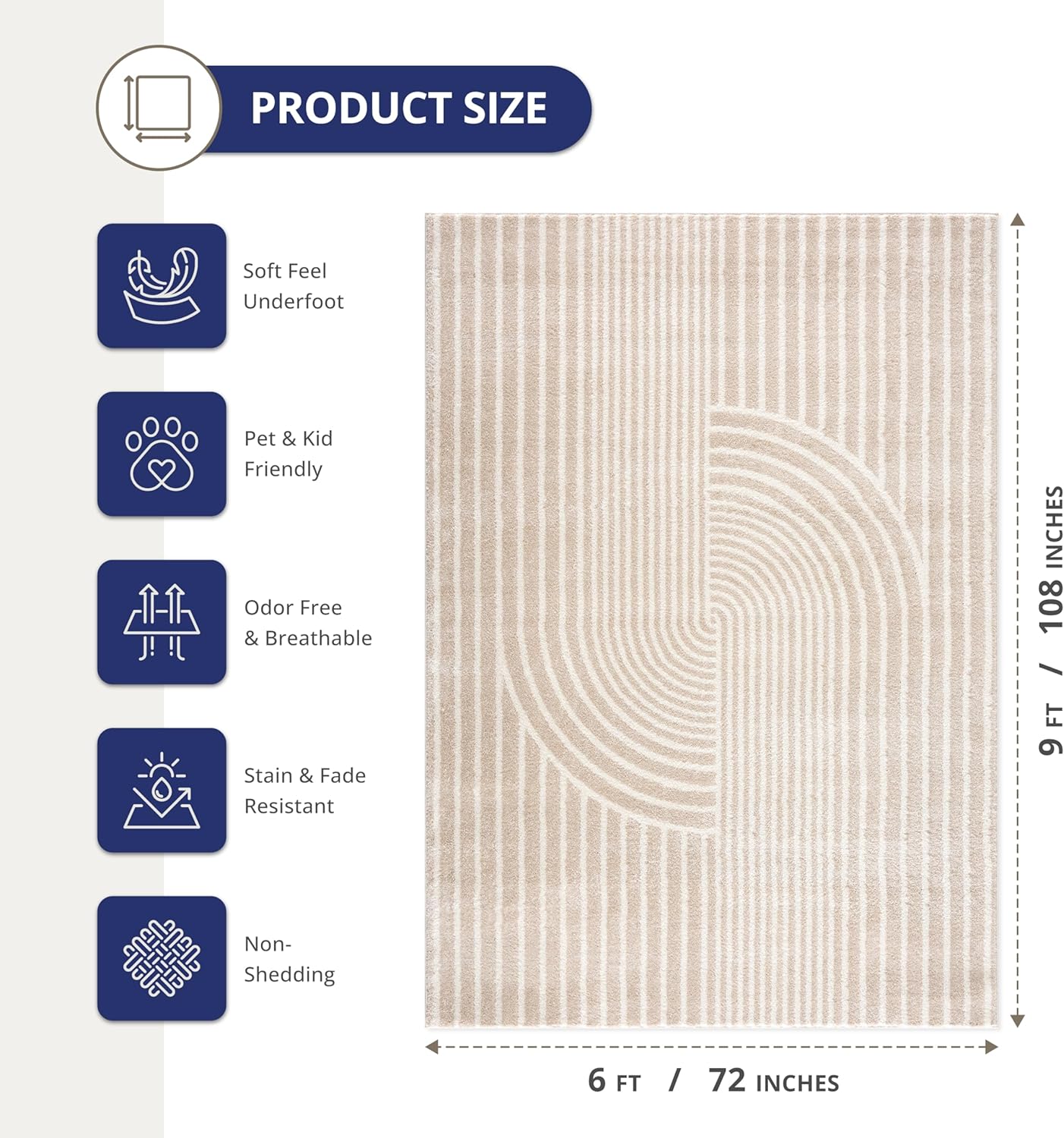 Abani Area Rug for Living Room -Nuevo 6' x 9' Beige Arch Pattern Area Rug, Soft and Durable Living Room Rug, Stain and Fade Resistant, Chic Modern Design, Pet & Kid Friendly
