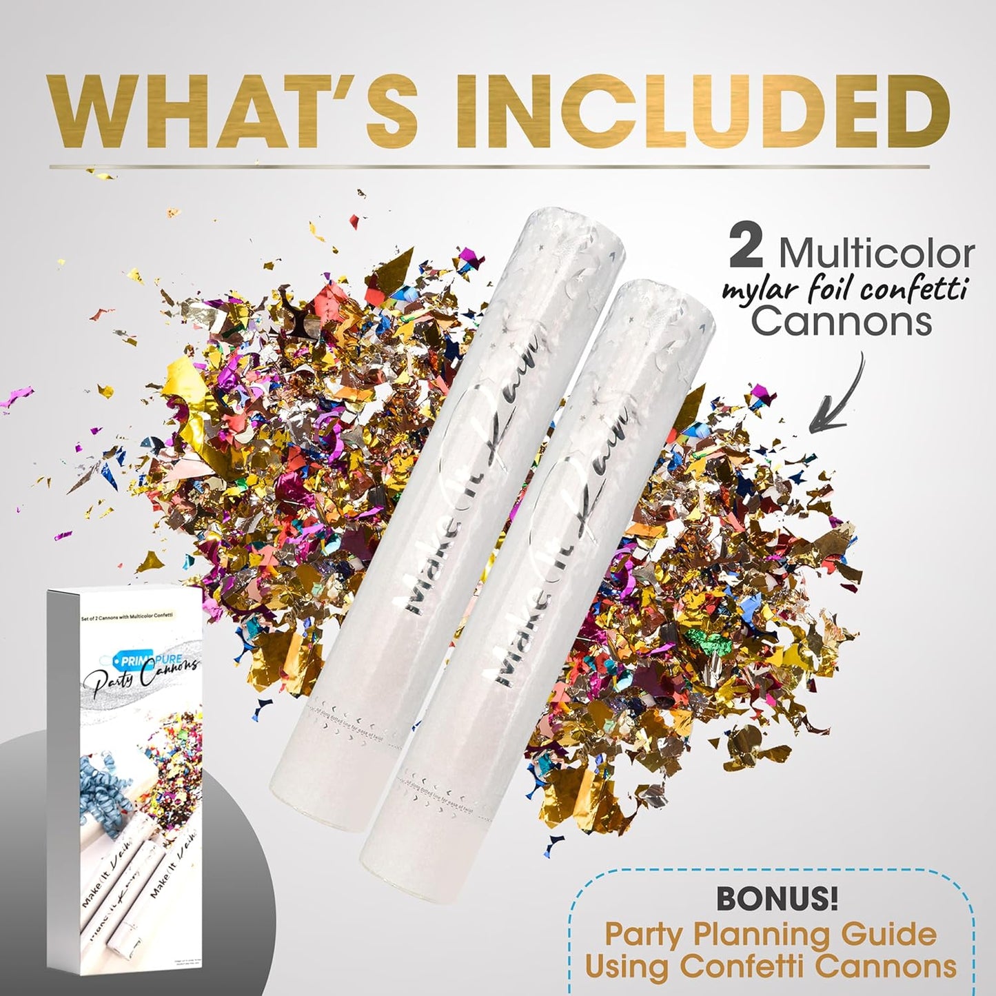 PrimePure Confetti Cannon Party Poppers - Metallic Foil Multicolor Confetti Poppers - 2 Pack - Easy-to-Use Party Cannon - Glitter Bomb Sparkle Pop Gun for Graduation, Birthday, Celebration, Prank
