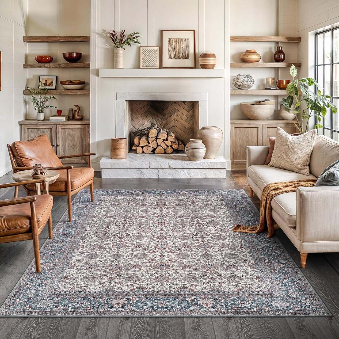 Bloom Rugs Washable Non-Slip 6' x 9' Rug - Teal/Blue/Beige Traditional Oriental Area Rug for Living Room, Bedroom, Dining Room, and Kitchen - Exact Size: 6' x 9'