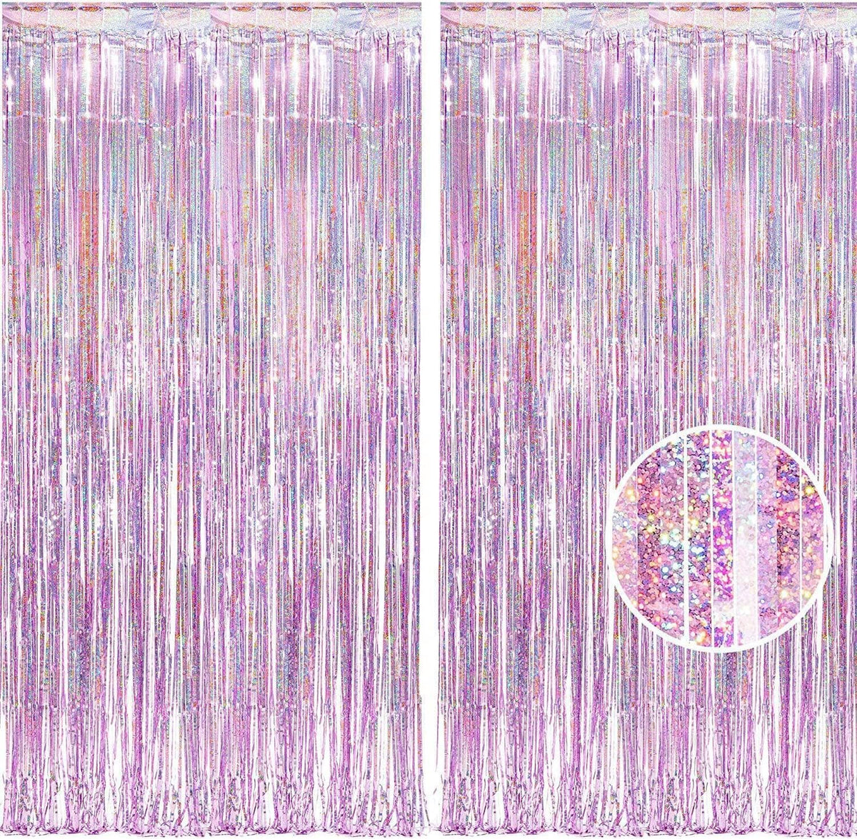 BRAVESHINE Pink Streamers Tinsel Foil Fringe Curtains - 2Pcs 3.2x8.2ft Metallic Photo Booths Backdrop for Girl/Princess/Birthday/Bridal Shower/Engagement/Bachelorette/Boo/Halloween Party Decorations
