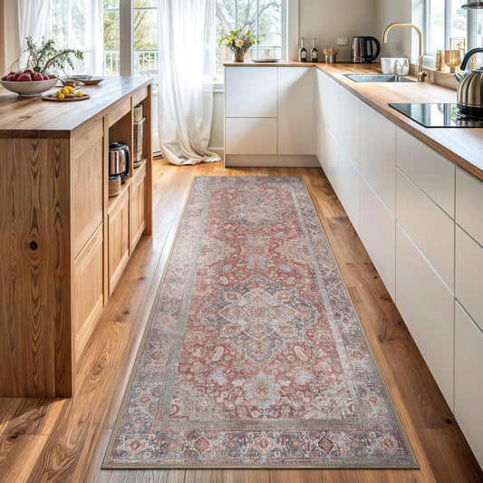 Bloom Rugs Washable Non-Slip 12 ft Runner - Red/Blue Traditional Medallion Runner for Entryway, Hallway, Bathroom, and Kitchen - Exact Size: 2.5' x 12'
