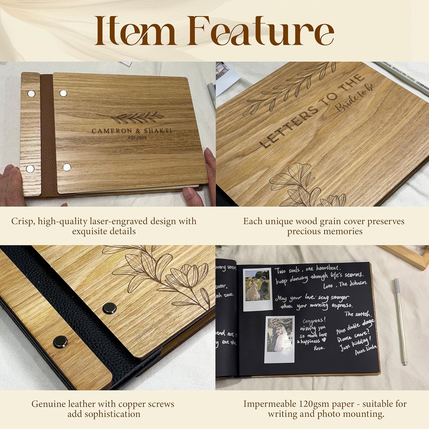 Personalized Wooden Wedding Guest Book, Custom Reception Sign Wooden Guestbook, Wedding Anniversary Birthday Decoration Supplies, Ideal for Photo Wedding Album, Photobooth Guestbook (Maple Wood)